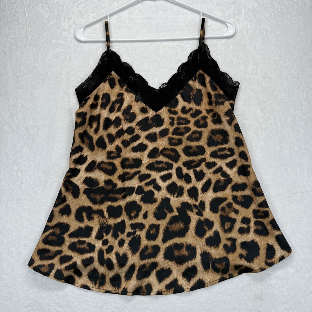 Davi&Dani Leopard Cami Top Black‎ Lace Trim Sleeveless Casual Sexy S